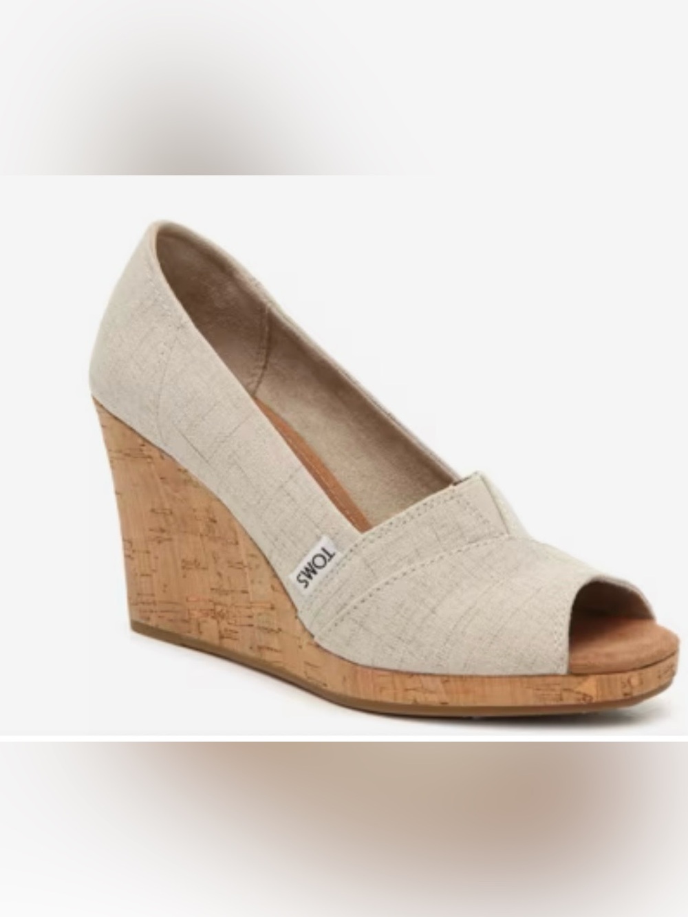 TOMS Women’s Linen Open-Toe Cork Wedge in Cream Size 8.5